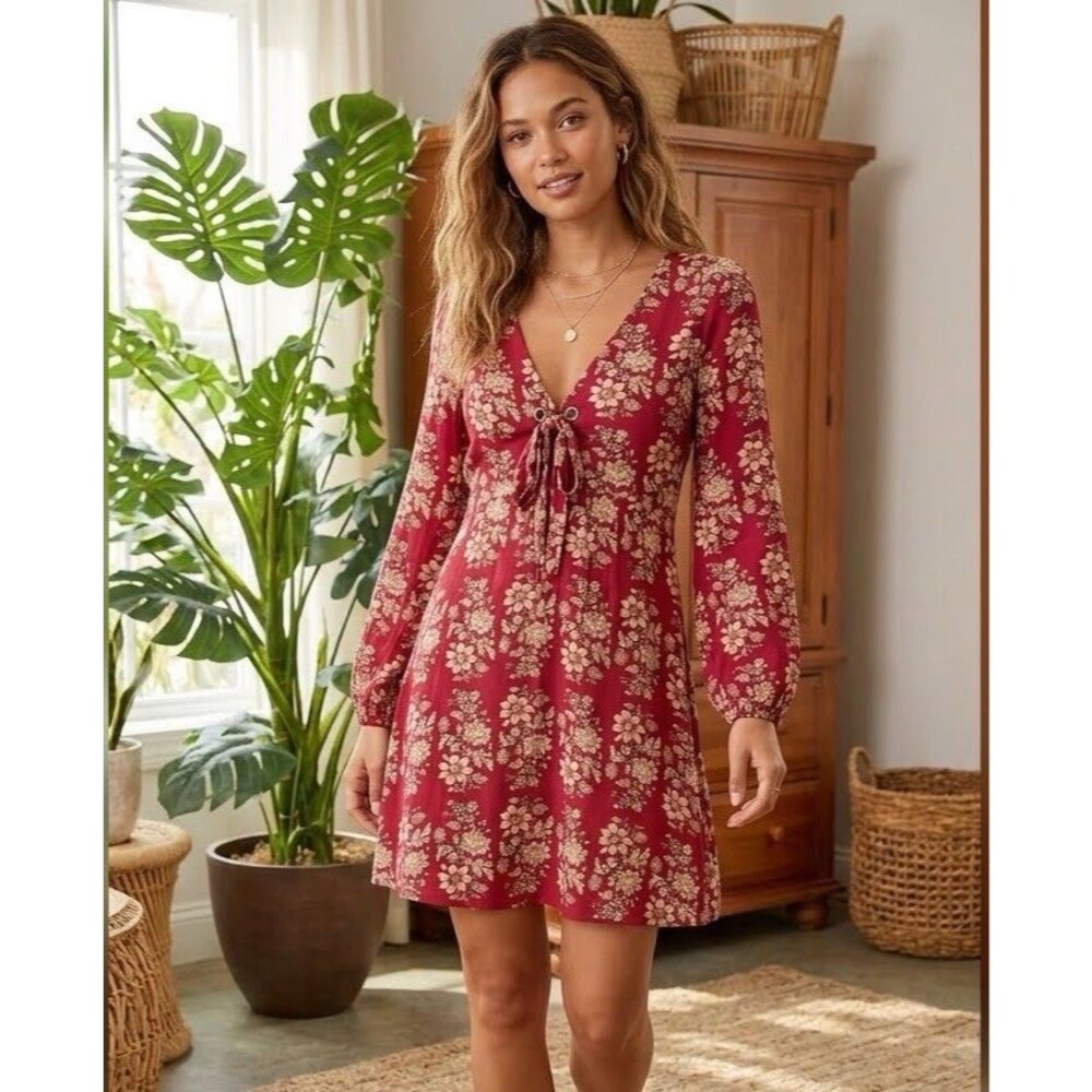 AEO Large Cottagecore Peasant Keyhole Long Sleeve Dress Maroon Cream Fall Floral